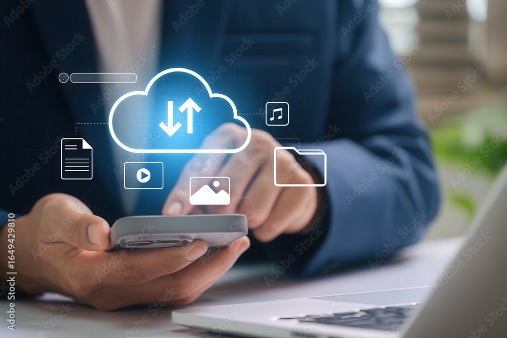 Aufkleber cloud storage technology,upload and download data from cloud server,businessman using smartphone and