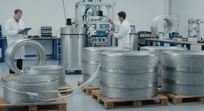 Cryogenic superconducting cable coils stacked neatly in a workshop ready for quality control and cryogenic performance tests.