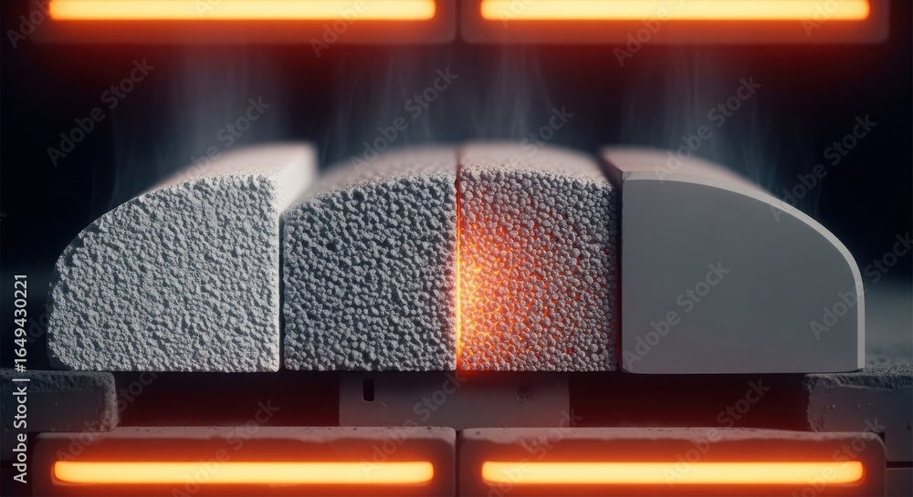 Poster crosssection view of sintering furnace zone showing ceramic ballistic plate transition from raw mate