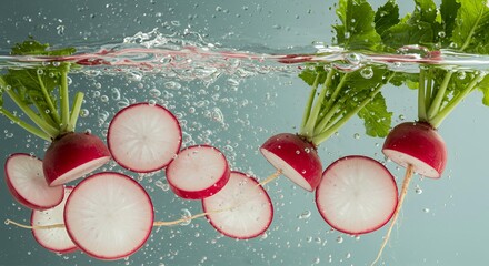 Fresh red radishes with green leaves and sliced cross-sections underwater with bubbles on light blue background
