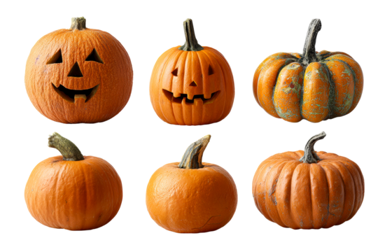 Six pumpkins in various shapes and expressions