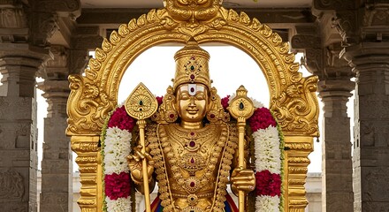 Obraz premium Ornate golden statue of Hindu deity Murugan, adorned with flowers, standing in a temple with carved stone pillars.