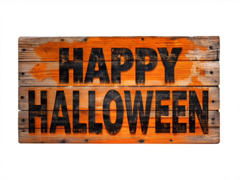 Vintage wooden happy halloween sign with grunge texture isolated on transparent background - Powered by Adobe