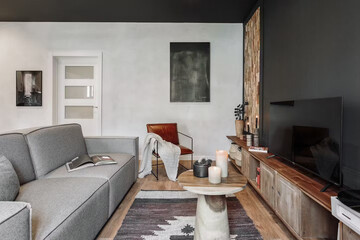 Modern luxury apartment interior in minimal scandinavian style, 3d rendering