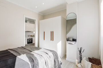 Modern luxury bedroom interior in minimal scandinavian style, 3d render