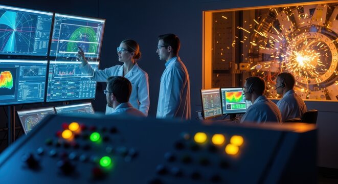 Scientists monitoring realtime data during hypervelocity impact tests on spacecraft shielding panels in aerospace testing facility.