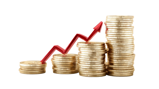 Increasing stacks of gold coins with a rising red graph line arrow, cut out transparent
