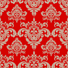Damask seamless pattern with brown flowers and red background, vintage, luxury, vector illustration elegant for textile, wall paper, rug, curtains, cushion cover, upholstery fabric, bedding, scarf