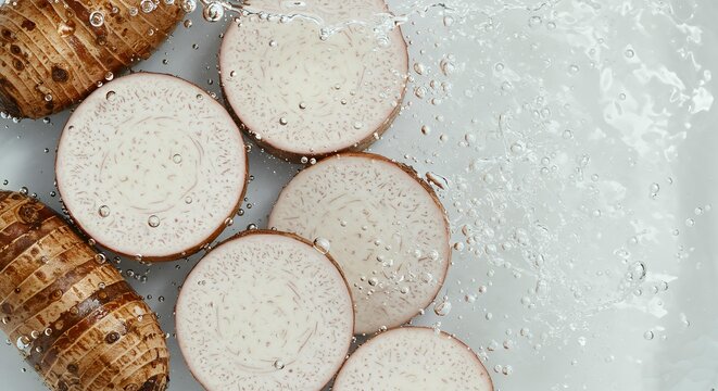 Fresh taro root eddoe slices floating underwater with bubbles and water surface, tropical starchy vegetable with textured brown skin closeup