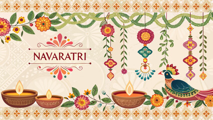 Navaratri Festival Pattern with Traditional Garlands, Diyas, and Cultural Motifs on Vibrant Background