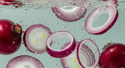 Fresh red onion rings and slices floating underwater with air bubbles, raw vegetable ingredient showing purple layers for culinary food photography concept