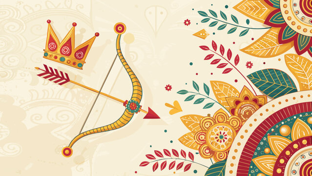 Dussehra Festival Pattern with Bows, Arrows, and Golden Crowns on Vibrant Background with Copy Space  