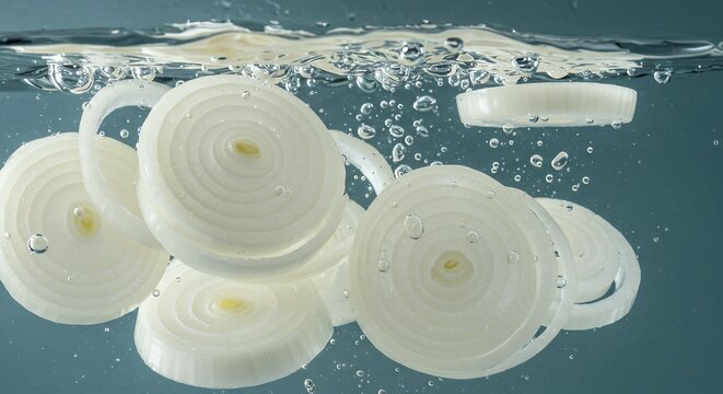 White onion cross-sections floating underwater showing translucent concentric rings with water bubbles, fresh raw vegetable ingredient for culinary food photography