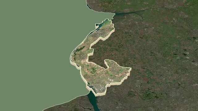 Metropolitan Borough of Sefton region, England - Great Britain, extruded. Map animation