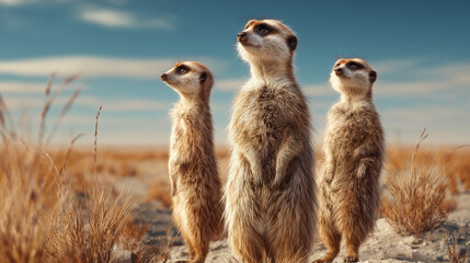 Three meerkats standing upright in a dry desert landscape, attentively scanning their surroundings under a clear blue sky.