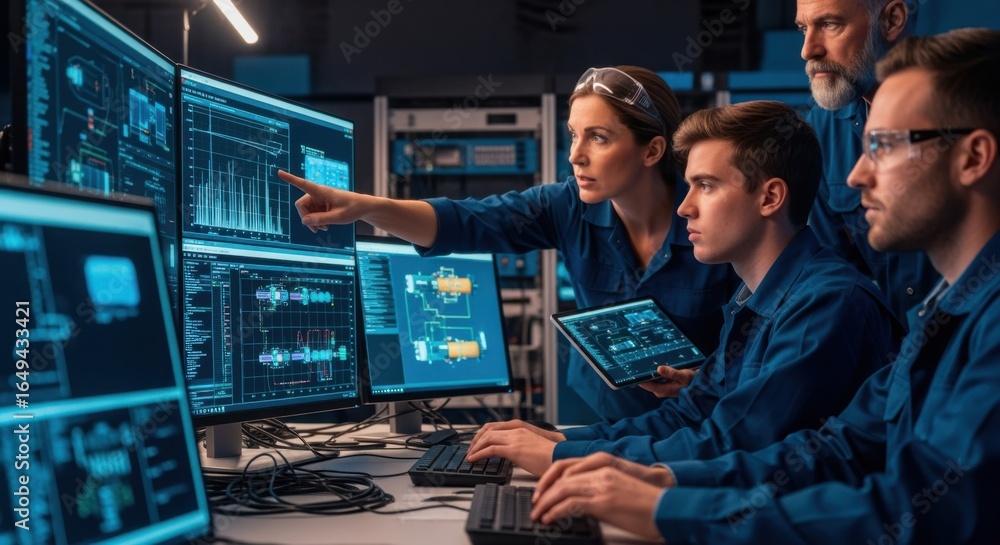 Poster engineers using computers to monitor realtime data from subsea battery pod pressurecycle experiments