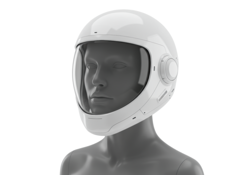 transparent futuristic helmet, clear oval visor on matte gray mannequin, transparent studio, soft light, no harsh shadows, concept of artificial intelligence