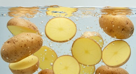 Whole potatoes and fresh slices submerged in water with bubbles, underwater food photography showing golden flesh for cooking and culinary advertising