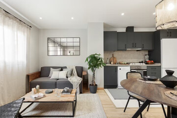 Modern luxury apartment interior in minimal scandinavian style, 3d rendering