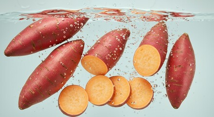 Orange sweet potato tubers floating underwater with sliced cross-sections revealing vibrant flesh for healthy eating and farm-fresh produce imagery
