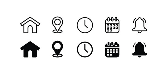 Home, Location Pin, Clock, Calendar, and Notification Icons – Vector Set for Schedule, Business, and Web Design