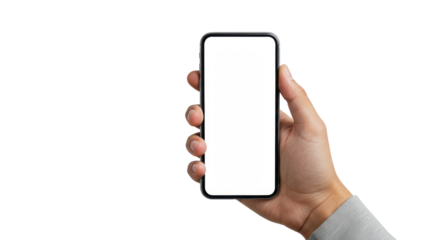 Pristine ethnically ambiguous hand holding a sleek, unbranded smartphone with a blank white screen, sharp focus on a transparent studio background, digital innovation concept for content.
