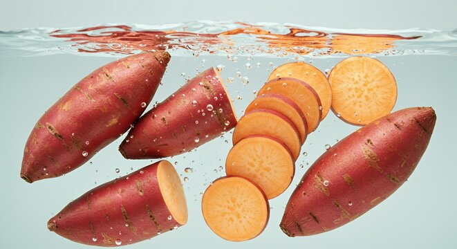 Red-skinned sweet potatoes with orange flesh slices floating in water showing fresh organic root vegetables for culinary and nutrition content
