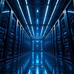 Intriguing Server Room Corridor Under Blue Light