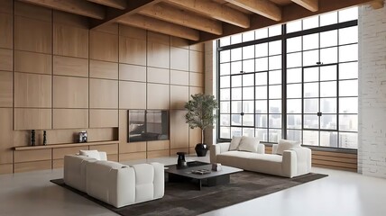 Loft, minimalist interior design of modern living room with wooden paneling wall.