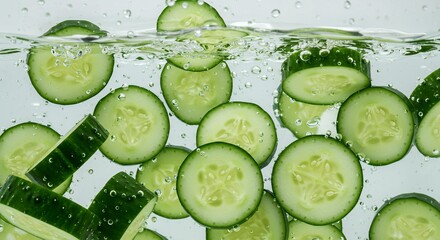Fresh cucumber slices and whole vegetable submerged in clear water with bubbles for organic healthy food ingredient photography