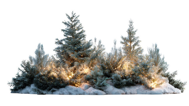 Winter foliage and snow illuminated by warm string lights on white background, cut out transparent