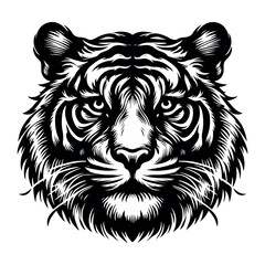 Monochromatic Tiger Portrait Bold Black and White Illustration of a Majestic Feline Predator Head