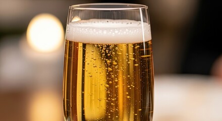 Sparkling golden champagne bubbles rise in a festive glass, perfect for celebrations and toasts.