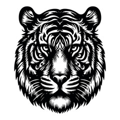 Striking Black and White Tiger Head Illustration Detailed Feline Portrait Wildlife Art Monochrome Mastery