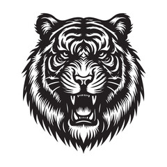 Majestic Tiger Head Illustration with Intricate Details and Bold Black and White Contrast Creating a Powerful Visual