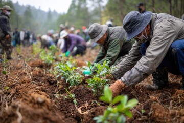 People planting trees in deforested area preventing soil erosion and promoting environmental conservation