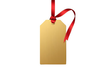 Blank golden gift tag with red ribbon isolated for decoration