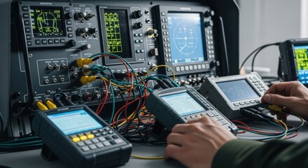 Military drone avionics panel connected to multiple diagnostic devices during systems integration and functionality certification.