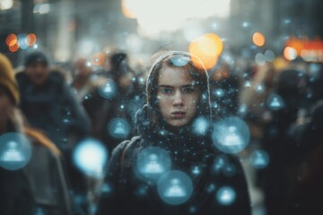 Person in crowded city street with glowing reputation score bubbles and digital surveillance overlay