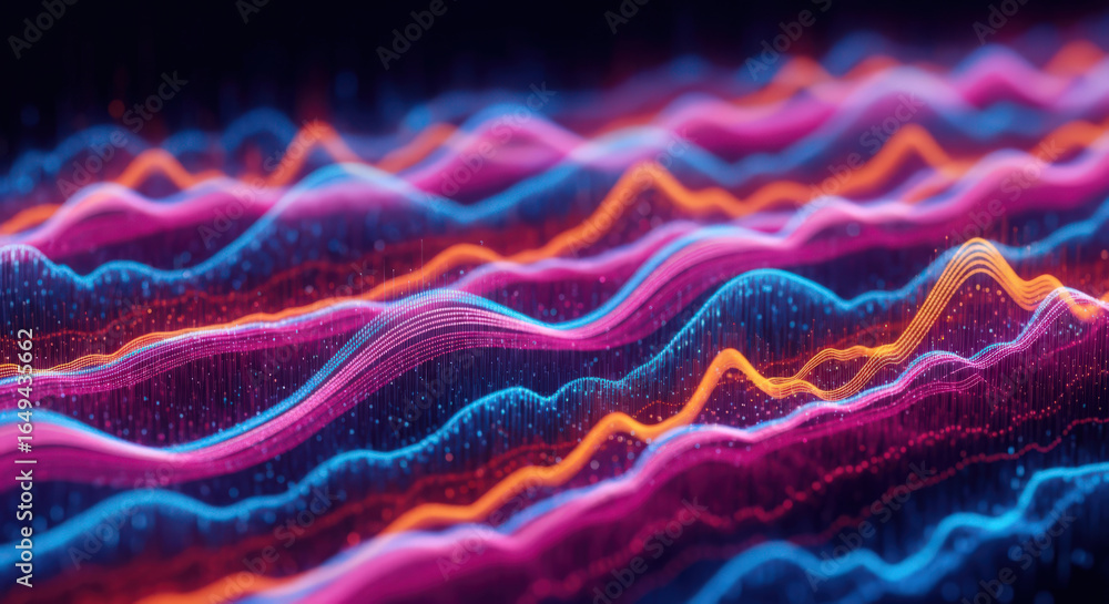 Poster abstract visualization of data waves in vibrant blue, pink, and orange hues creating a dynamic and m