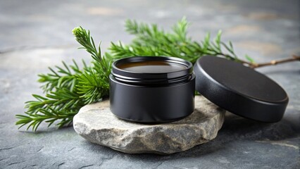 Black jar of balm or cream with evergreen sprigs on grey stone skincare