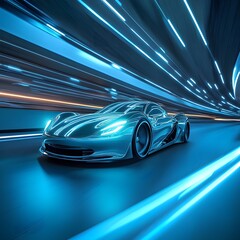 Sleek Electric Sports Car Zooming Through a Cyberpunk Metropolis at Night, fast moving car on highway