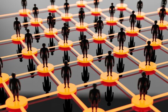 Human Figures in a Digital Network, social media and global communication, corporate teamwork.