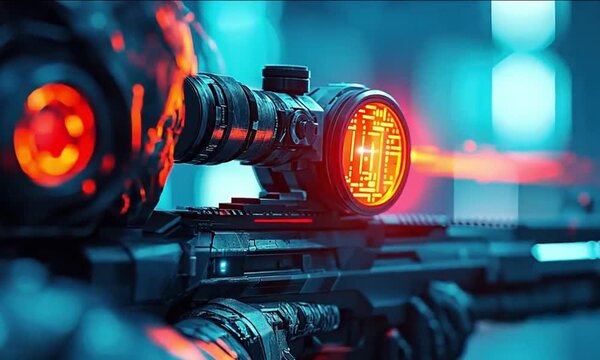 A futuristic sniper rifle with glowing red and orange