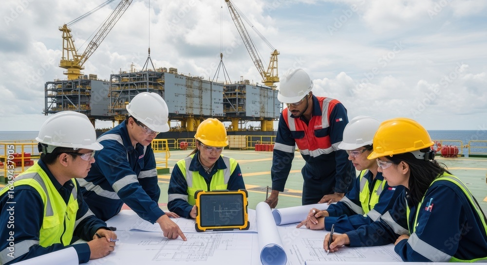 Poster engineering team discussing blueprints onboard the offshore floating lng topside during module assem
