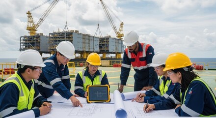 Engineering team discussing blueprints onboard the offshore floating LNG topside during module assembly procedures.