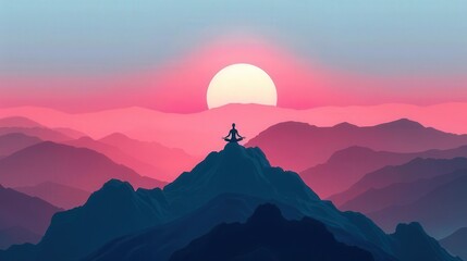 minimalist yoga pose on mountain peak sunrise .