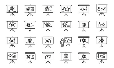 Set of 24 Science and Laboratory Line Icons Chemistry, Biology, Physics, Research, Safety, and Technology Symbols in Minimal Outline Style