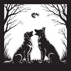 Naklejka premium Loyal dogs gaze skyward under full moon night