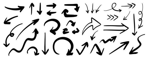 Hand Drawn Curved Arrows and Doodle Decorative Lines Set, Sketch Vector Illustration on White Background